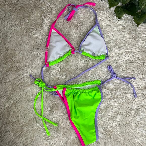 Shein women's tri-color triangle top +matching side-tie cheeky bottom bikini set - Picture 7 of 12